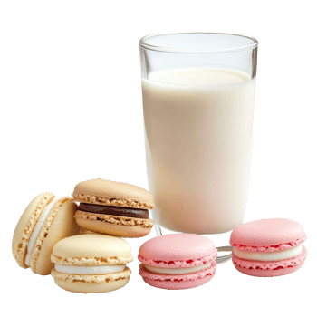A refreshing glass of milk accompanied by assorted macaroons on a bright transparent background, milk and macaroons on transparent background png
