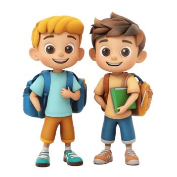 Cute cartoon student boys smiling together with backpacks and books in a friendly atmosphere, 3D Cartoon Character Cute Student Boys, Isolated transparent background png