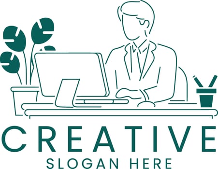 Professional Businessman Working Creative Office Desk art pot cup job line team vector