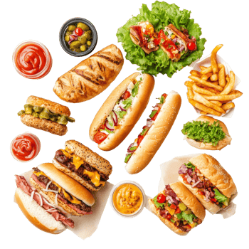 Delicious variety of fresh fast food served on a clean transparent background featuring burgers, hot dogs, and fries, Fresh different type fast food on a transparent background png