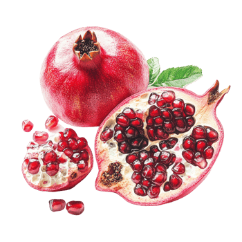 Fresh ripe pomegranate with red seeds and green leaves displayed on a clean transparent background, Fresh ripe pomegranate on transparent background png
