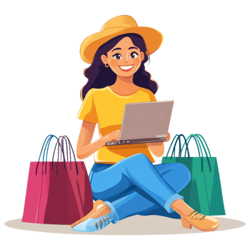 Cheerful woman shopping online with a laptop while sitting on the floor surrounded by colorful shopping bags, file no backgroundCheerful woman doing online shopping png