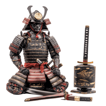 A detailed samurai armor set featuring a helmet, katana, and intricate design against a transparent background, Samurai Armor Set with Helmet and Katana, transparent background png