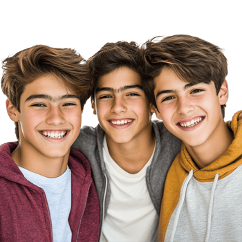 Three cheerful teenage boys posing together with bright smiles against a transparent background in a joyful moment, Three Happy Teen Boys Friends on transparent background png