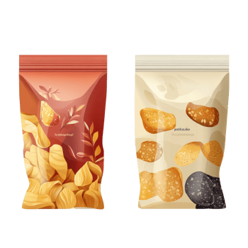 Colorful packaging design for snack bags featuring chips and crackers in an isolated setting, Packaging for snack isolated Stock Illustration png