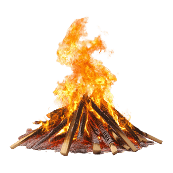 A vibrant bonfire blazing brightly against a stark transparent background at night, bonfireisolated transparent background png