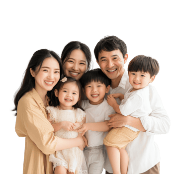 A joyful Asian family sharing happiness together in a bright, minimalist indoor space during, Joyful Asian Family Sharing Happiness Together in a Group Photo. isolated on transparent background format png
