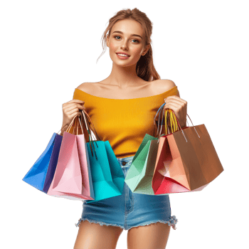 Happy young woman shopping with colorful bags in a bright setting during the daytime, file no background Happy young woman shopping online png