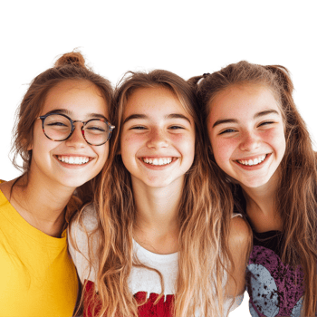 Three joyful teen girls smiling together against a plain transparent background, showcasing friendship and happiness, Three Happy Friends Teen Girls on transparent background png