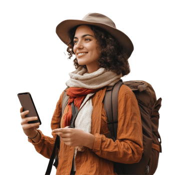 A joyful traveler woman exploring with a smartphone while wearing a hat and backpack in a vibrant outdoor setting, file no background Traveler woman holding a smartphone png
