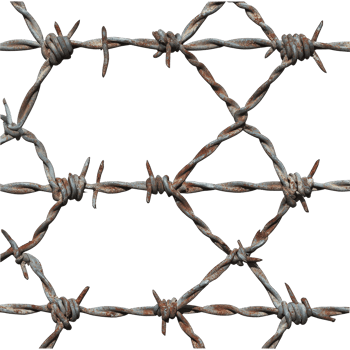 Closeup view of a rusted steel barbed wire fence against a transparent background highlighting its structure and detail, Steel Barbed Wire Fence transparent background png