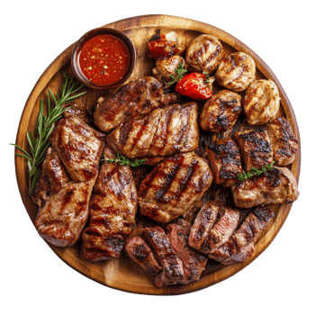 Delicious grilled meat platter featuring various cuts and accompaniments on a wooden board, Grilled meat cuisine top view isolated on transparent background png
