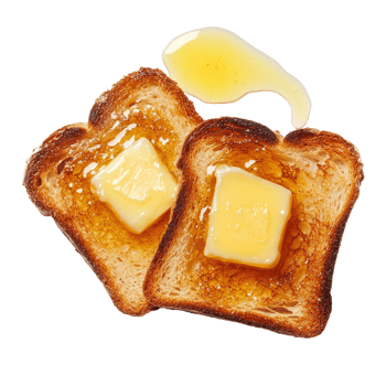 Toasted bread topped with melted butter and honey served on a simple transparent background, Toasted Bread with Melted Butter on transparent background png