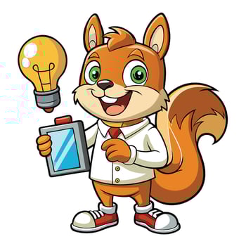 a cartoon squirrel holding a light bulb and a tablet vector