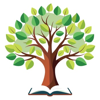 Flat Tree with Book Pages as Leaves in a Whimsical Setting and Isolated on a white Background vector