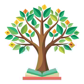 Vibrant Flat Tree with Brightly Colored Books as Leaves in a High-Tech Setting and Isolated on a white Background vector