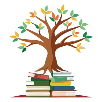 Detailed Illustration of a Flat Tree with Books as the Roots Generate a Flat Style and Green Leaves vector