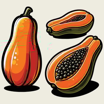 Fresh Tropical Papaya Fruit Illustration with Whole and Sliced Halves vector
