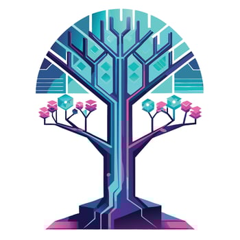 Modern tree with glowing neon circuit patterns forming its futuristic leaves vector