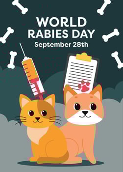 Flat design poster Rabies Day, Pet Day, and Veterinarian Day, with lively animal illustrations and veterinary symbols, designed for spreading awareness and educating the public on animal health. vector