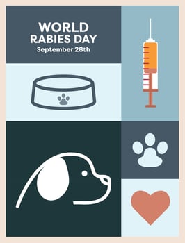 A flat design poster for Rabies Day, Pet Day, and Veterinarian Day featuring vivid animal illustrations and veterinary symbols, aimed at raising awareness and promoting educational messages. vector