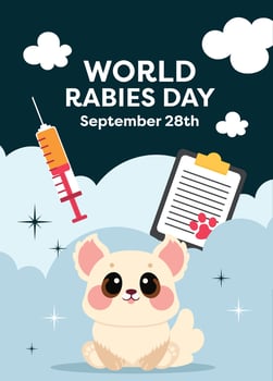 A lively flat design poster celebrating Rabies Day, Pet Day, and Veterinarian Day, featuring bright animal illustrations and veterinary icons for spreading awareness and education on animal health. vector