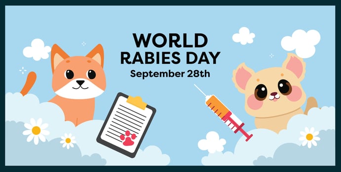 Flat design poster celebrating Rabies Day, Pet Day, and Veterinarian Day, featuring vibrant animal illustrations and veterinary symbols to raise awareness and educate the public. vector