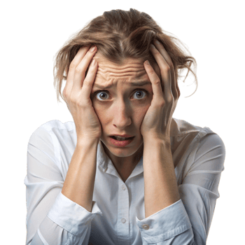 Nervous woman with hands covering her face, expressing panic and fear, isolated on Transparent Background, depicting stress png