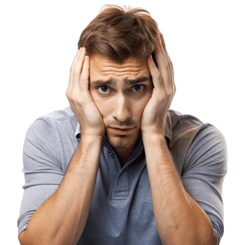Worried man with a fearful expression, clutching his head in anxiety, isolated on Transparent Background, symbolizing mental strain png