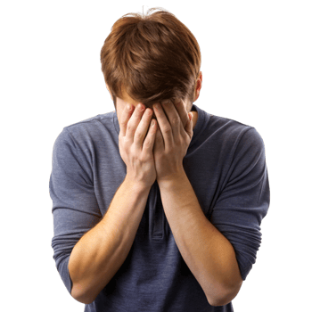 Depressed man seated with his face buried in his hands, representing emotional struggle, regret, or mental health issues png