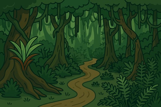 Cartoon Style Green Forest Landscape with Trees, Plants, and Pathway vector