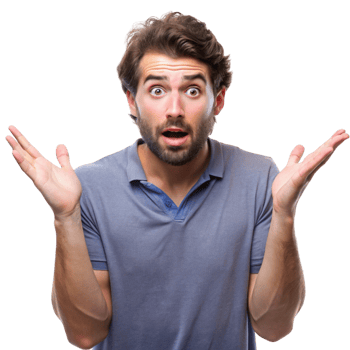 Surprised man with open arms expressing confusion and disbelief, isolated on Transparent Background, showing shock and curiosity png