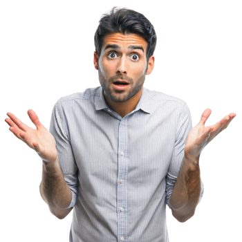 Confused man with wide eyes and raised hands, isolated on Transparent Background, perfectly capturing astonishment and wonder png
