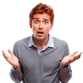 Shocked man with a puzzled expression and hands raised, portraying uncertainty and surprise in a humorous way png