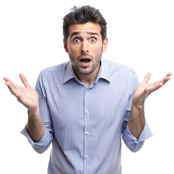 Astonished man with a confused look and open palms, isolated on white, ideal for illustrating confusion and disbelief png
