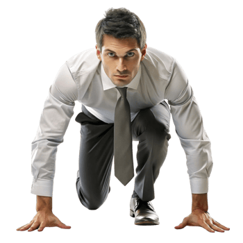 Motivated businessman in a race start position, ready for action, symbolizing ambition, competition, and career drive png