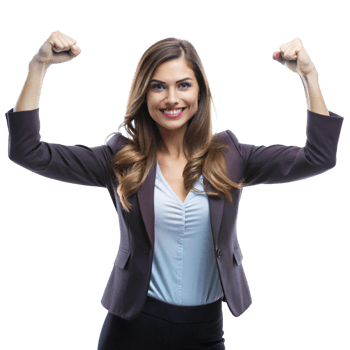Confident businesswoman flexing her muscles, showcasing empowerment and success with a bright smile png