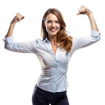 Professional woman in a business suit proudly flexing her arms, symbolizing female empowerment and triumph png