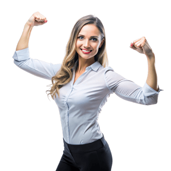 Empowered businesswoman with a winning smile, flexing arms in a powerful gesture of confidence and strength png