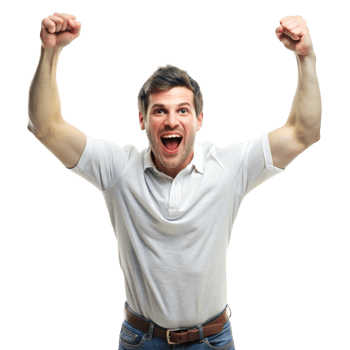 Excited young man celebrating success with fists raised in a triumphant pose on Transparent Background png