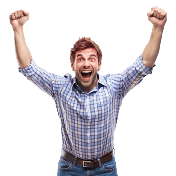 Enthusiastic man showing joy and triumph, cheering with fists up, isolated on white png