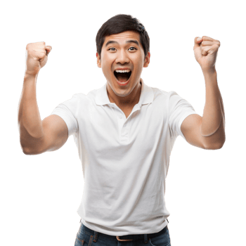 Enthusiastic young man celebrating success with fists raised and an ecstatic expression in Transparent Background png