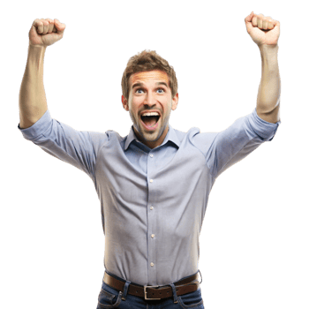 Happy and victorious man raising fists in celebration of a great achievement, against a Transparent Background png