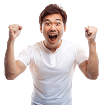 Energetic young man raising his arms in celebration with a wide smile, expressing excitement and victory png