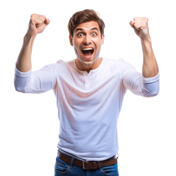 Happy and excited young man in casual white outfit cheering triumphantly with a joyful smile on his face png