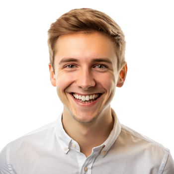 Joyful young man wearing a button up shirt, expressing positive emotions with a broad smile on an isolated background png