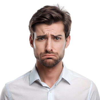 Upset young male with furrowed brows and tense posture, representing emotional distress in a minimalist setting png