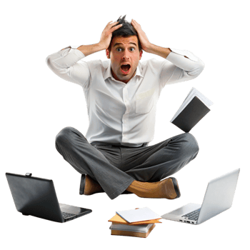 Stressed office worker with his head in his hands, expressing anxiety and frustration during a difficult workday png