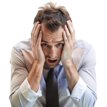 Overwhelmed professional man in a suit, holding his head and screaming in frustration, symbolizing workplace burnout png