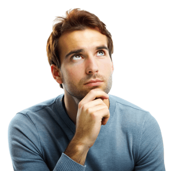 Focused young man in a reflective posture, hand on chin, contemplating ideas and pondering life choices png